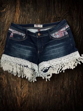 lei Dark Wash Denim Shorts with White Crochet Fringe and Aztec Pocket Trim